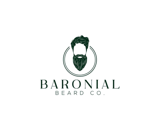 Dark green font Baronial Beard Co. logo on white background