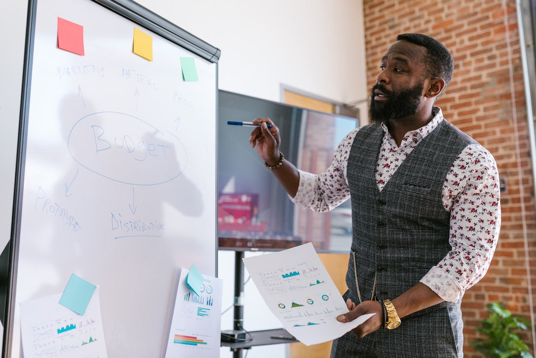 A well dressed bearded man at work using a white board