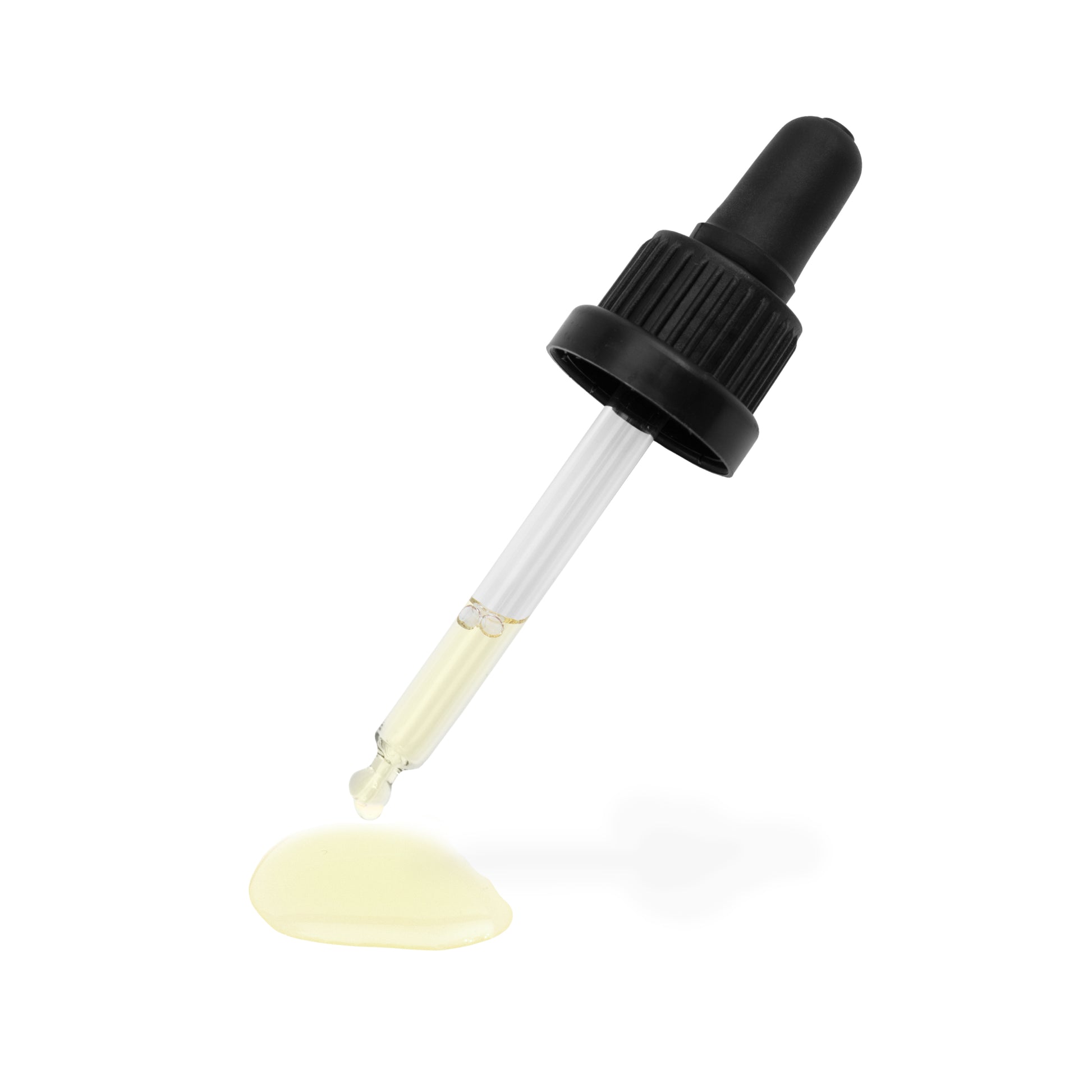 Pipette of beard oil dropping oil on white background